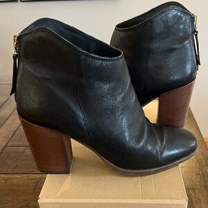 Clarks Black Leather Ankle Booties with Brown Heel